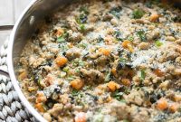 Hearty Skillet Farro with Turkey Sausage, Kale and Sweet Potato