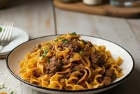 Cheesy Smoked Gouda Beef Noodles