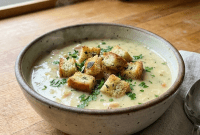Hearty Chicken Pot Pie Bisque with Sage Butter Croutons