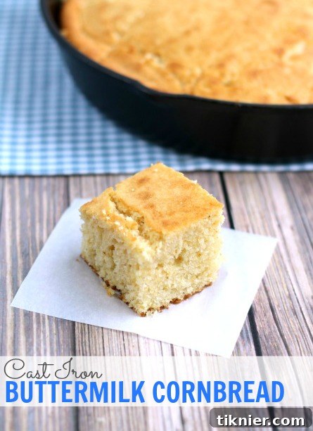 Perfectly baked Cast Iron Buttermilk Cornbread, golden brown and ready to serve, from www.thisgalcooks.com