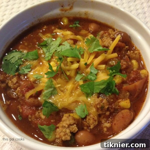 A bowl of finished Taco Soup with toppings