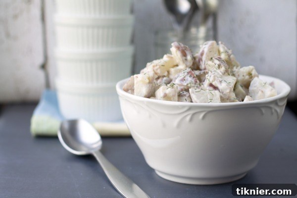 A bowl of Tangy Red Potato Bacon Salad ready to be served, garnished with fresh dill.