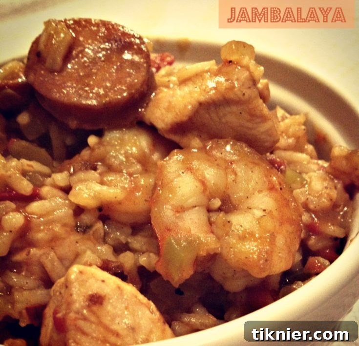 Close-up of a bowl of Jambalaya with shrimp and sausage