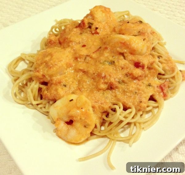 An earlier blog photograph of Shrimp Pasta with Spicy Tomato Cream Sauce, showing the recipe's visual journey