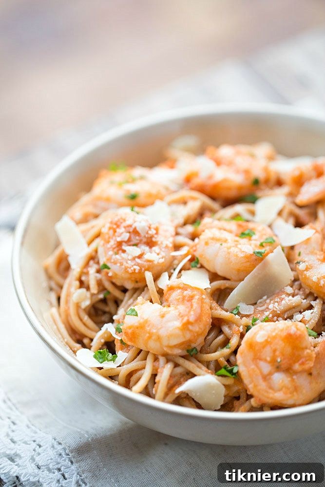 A tantalizing close-up of the finished Shrimp Pasta with Spicy Tomato Cream Sauce, ready to serve