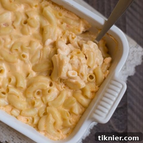 Delicious Baked Four Cheese Macaroni and Cheese with a golden crust, ready to be served