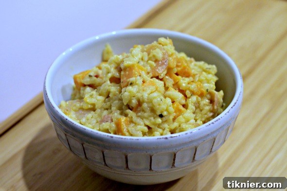 sweetpotatoeshrimprisotto222 - Delicious Sweet Potato and Shrimp Risotto, garnished and ready to serve.