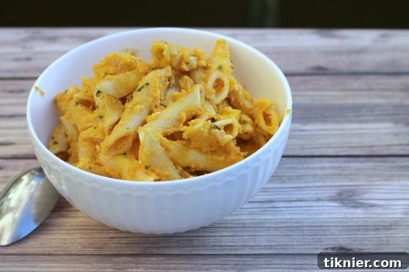 Delicious butternut squash cream sauce served generously over penne pasta, ready to be enjoyed