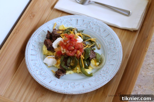 Close-up of a Low-Carb Steak and Egg Breakfast Skillet