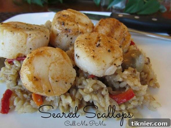 Exquisitely Seared Sea Scallops, perfectly golden-brown and tender, served as a gourmet seafood dish by Call Me PMc.