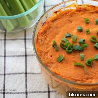 Creamy Buffalo Chicken Dip, a delicious appetizer ready to serve.