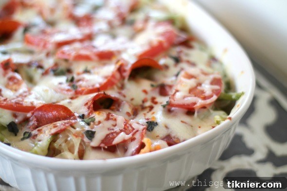 Close-up of Cheesy Pizza Pasta Casserole