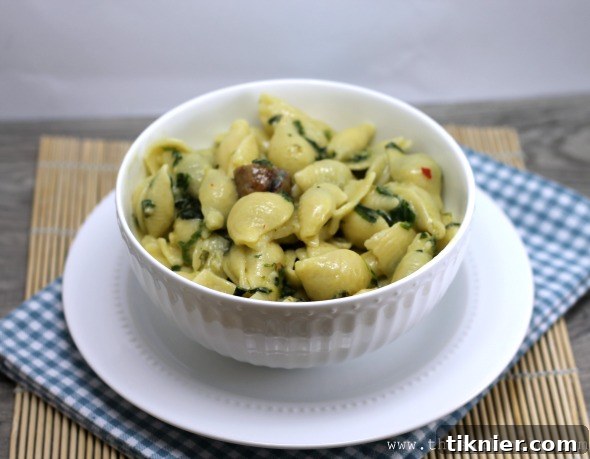 Plated Simple Spinach and Sausage Pasta, ready to serve.