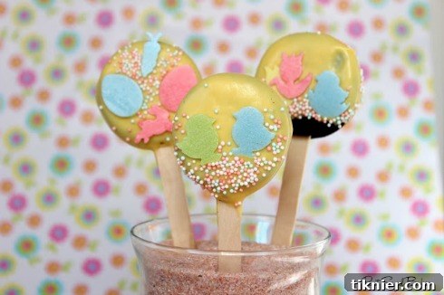 Colorful Oreo Easter Pops decorated with sprinkles