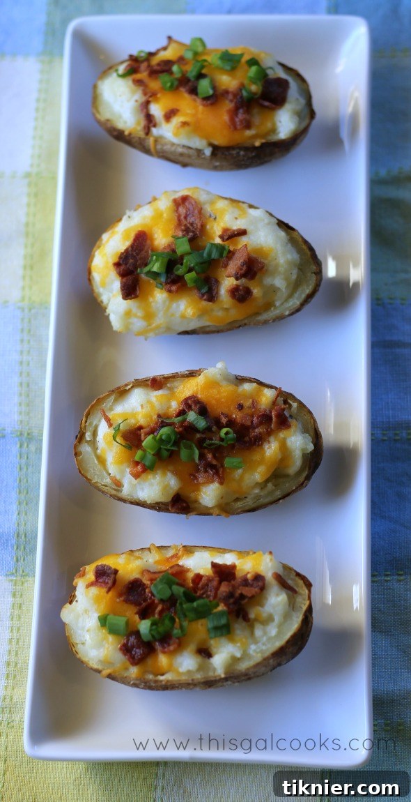 Close-up of a perfectly baked twice baked potato, golden and inviting