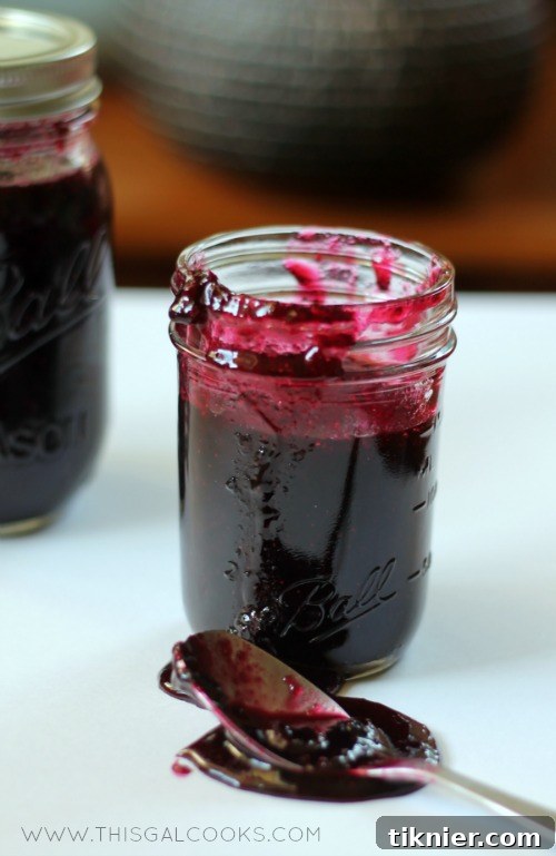 Homemade Blueberry Bliss 3 Homemade blueberry preserves in clear glass jars, showcasing their rich color and texture.