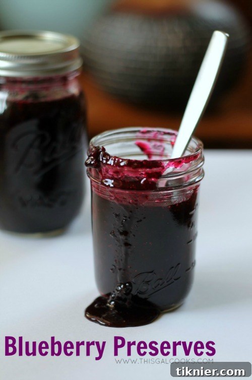 Blueberry Preserves in a jar, ready for serving