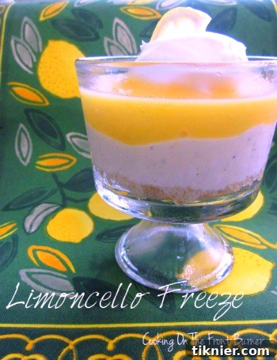 Elegant Limoncello Freeze dessert served in delicate glasses, highlighting its light texture and refreshing citrus appeal.