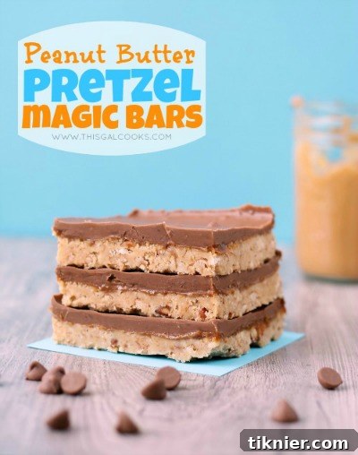 Crunchy Peanut Butter Pretzel Magic Bars, showcasing a perfect blend of sweet peanut butter and salty pretzels for an irresistible no-bake dessert.