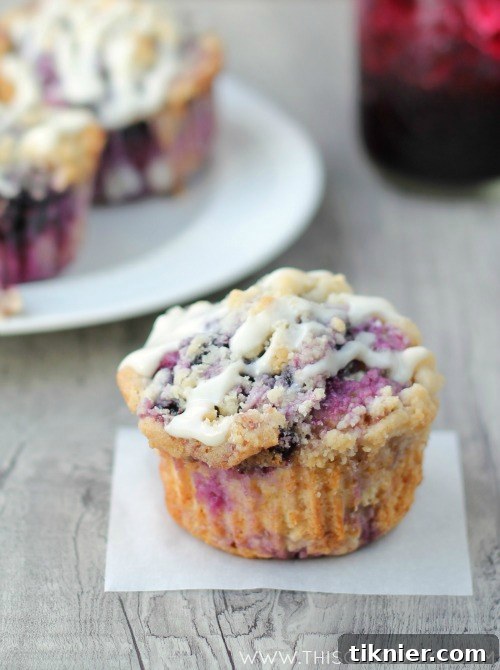 Blueberry Crumble Muffins 3 Close-up of a freshly baked Blueberry Coffee Cake Muffin featuring the streusel topping and gooey blueberry preserves. From www.thisgalcooks.com