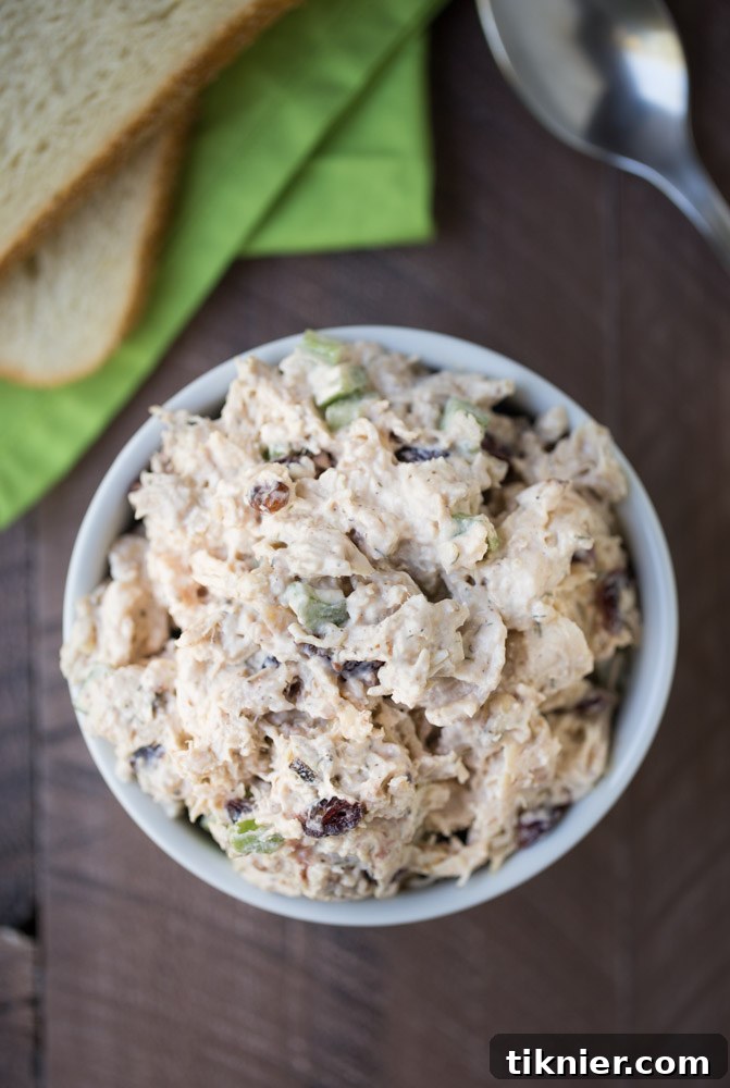 A close-up shot of the creamy and delicious cranberry pecan chicken salad, ready to be served.