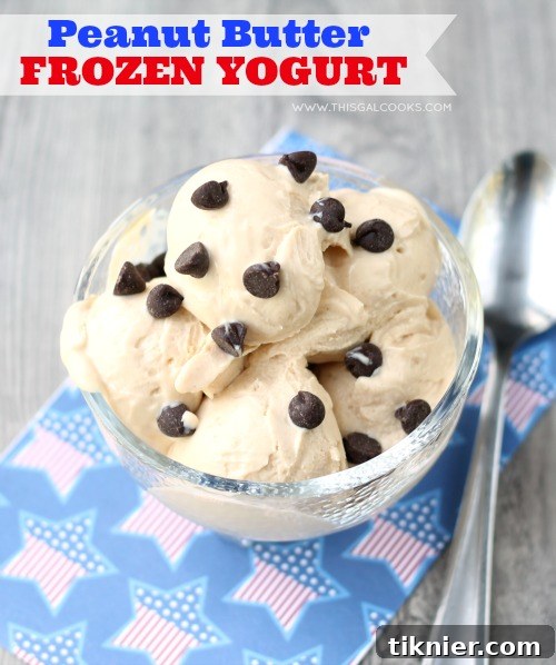 Scoops of homemade Peanut Butter Frozen Yogurt in a glass bowl