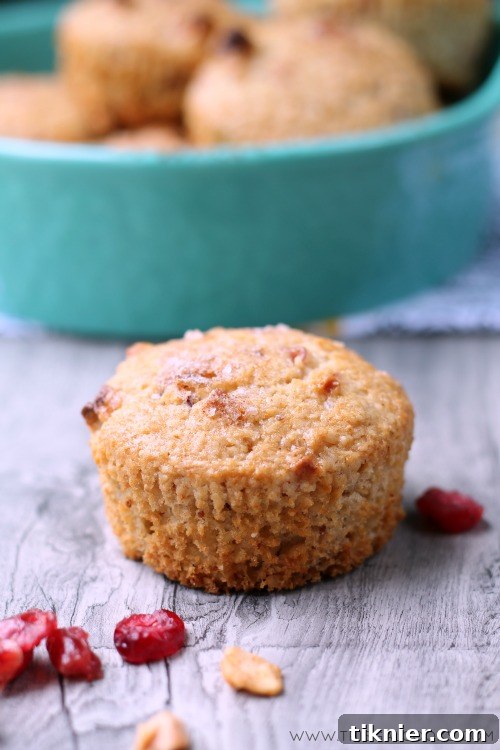 A close-up shot of freshly baked Vegan Apple Berry Bran Muffins, showcasing a perfectly browned top and texture.
