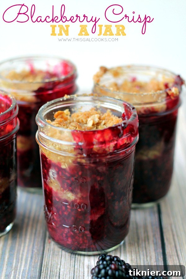 Blackberry Crisp in a Jar: A delightful individual fruit dessert perfect for any occasion. Features fresh blackberries and a crispy oat topping. #blackberries #fruitcrisp #jarrecipes
