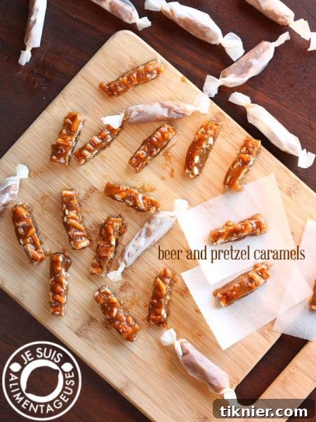 Luscious Beer and Pretzel Caramels, beautifully arranged and ready to be enjoyed.