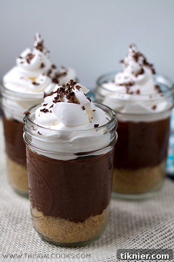 Close-up of Chocolate Pudding Pie In A Jar, showing the layers of graham cracker crust, chocolate pudding, and whipped topping. From www.thisgalcooks.com.