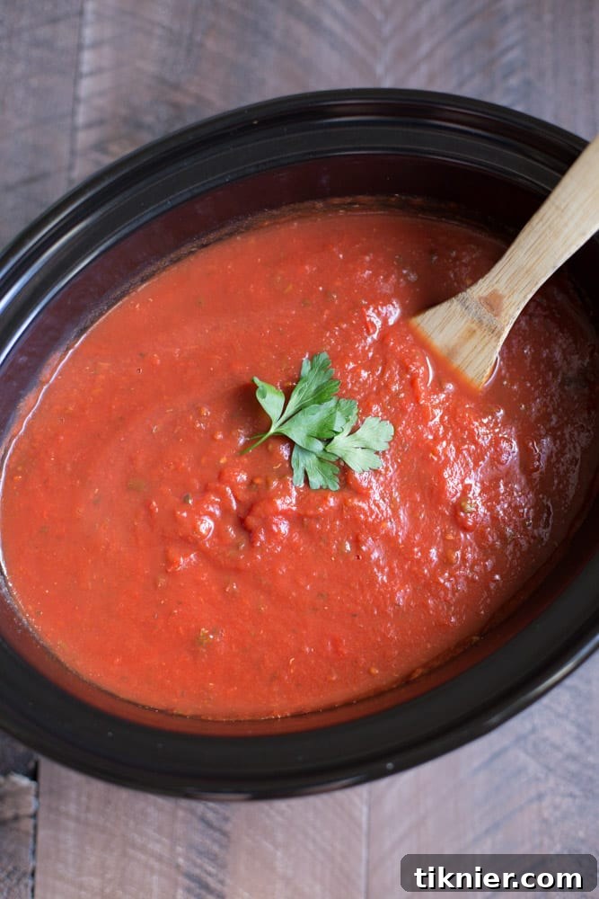 Homemade slow cooker spaghetti sauce ready for serving