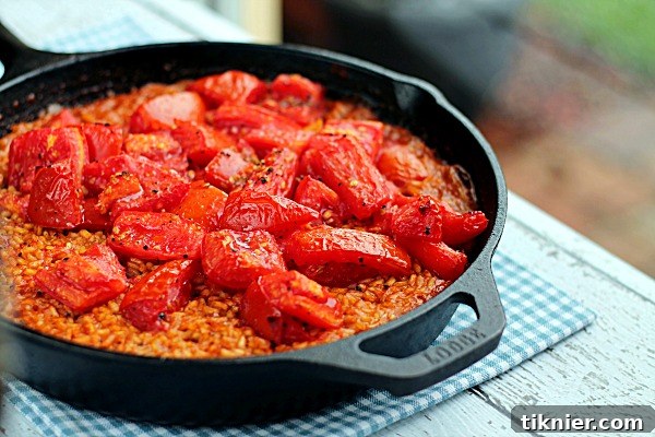 Close-up of the flavorful rice and chunky tomatoes in the Thirty Minute Paella, showing the delicious texture and vibrant colors.