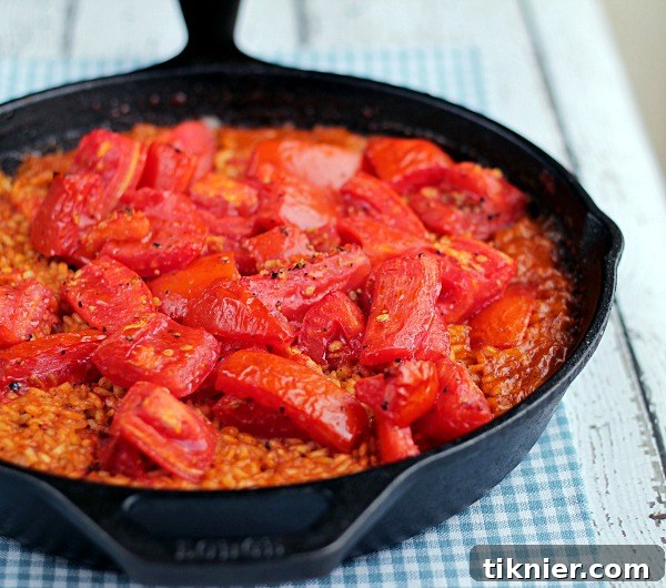 Close-up of the delicious Thirty Minute Paella with Tomatoes, showcasing the rich colors and tender rice texture.