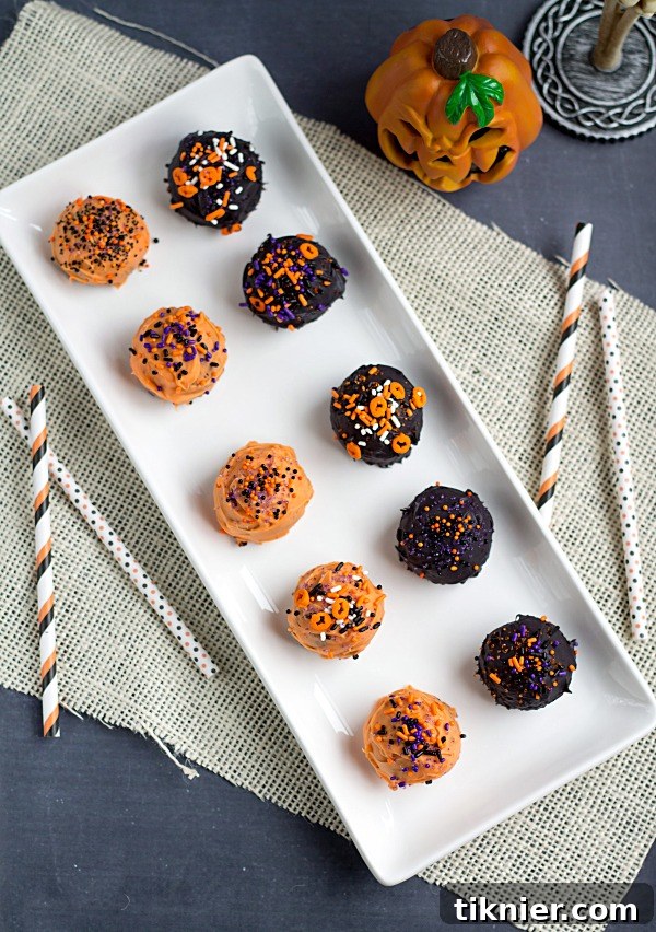 Close-up of Halloween Brownie Truffles on parchment paper, ready for a spooky party