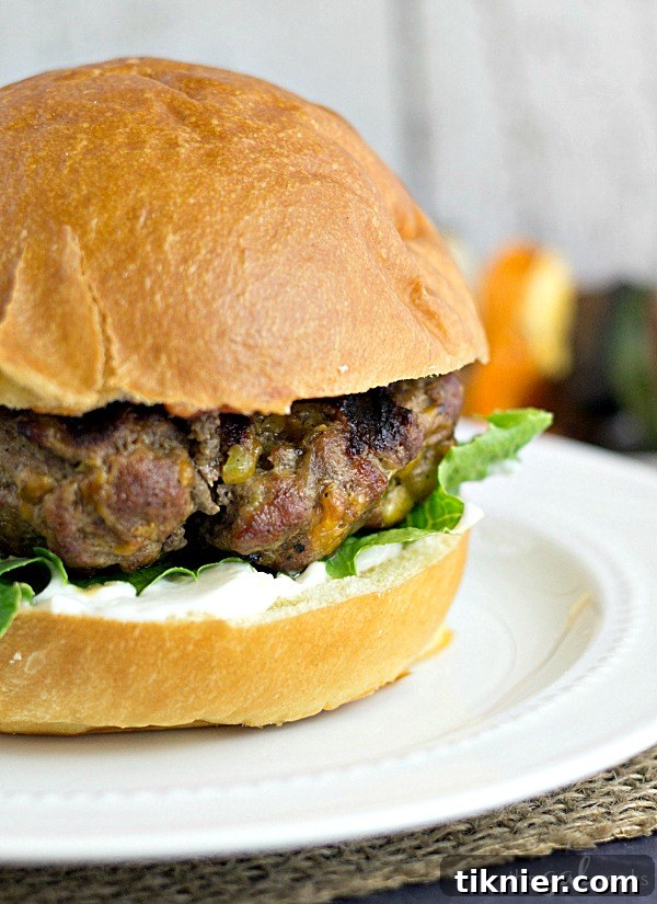 A perfectly grilled Jalapeno Cheddar Burger ready to be served on a bun with toppings
