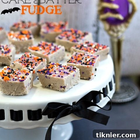Halloween Cake Batter Fudge, a no-bake dessert perfect for spooky season parties.