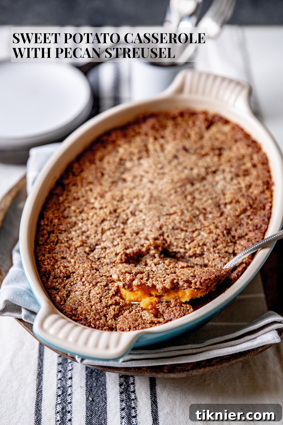 Side view of the delicious sweet potato casserole with streusel topping.