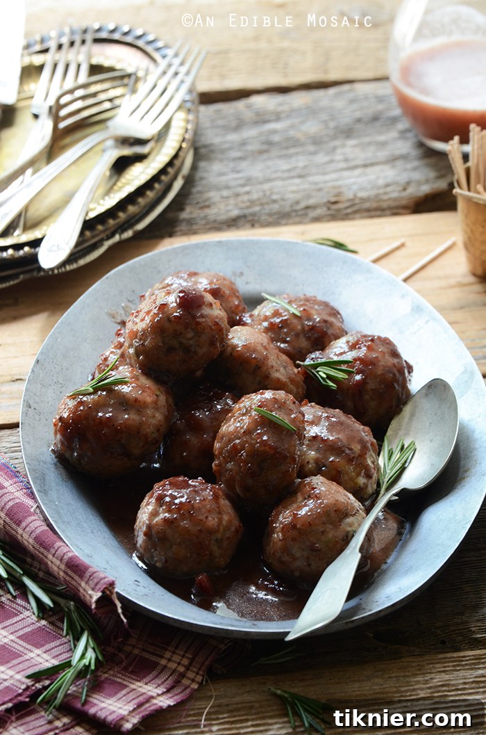 Gourmet Herbed Roquefort Stuffed Turkey Meatballs with Cranberry Apple Glaze, perfect for entertaining.
