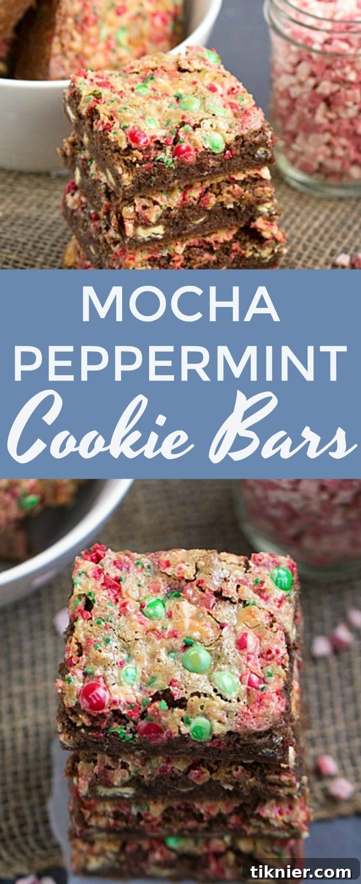 Top-down view of Mocha Peppermint Cookie Bars arranged on a festive platter, highlighting the vibrant peppermint and chocolate elements, ideal for Christmas dessert