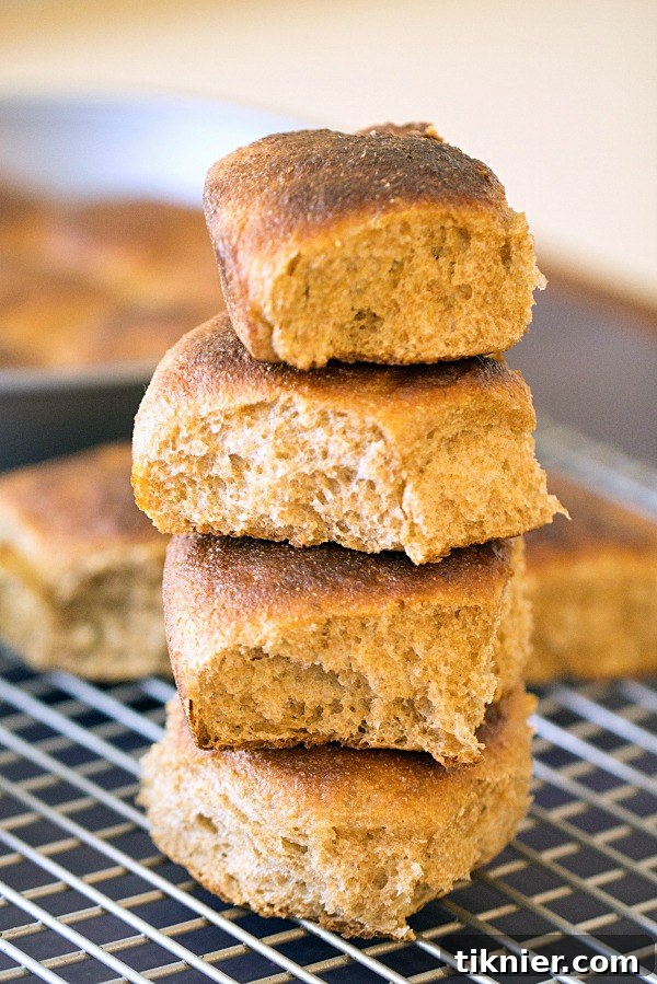 Stack of freshly baked Whole Wheat Dinner Rolls ready to serve