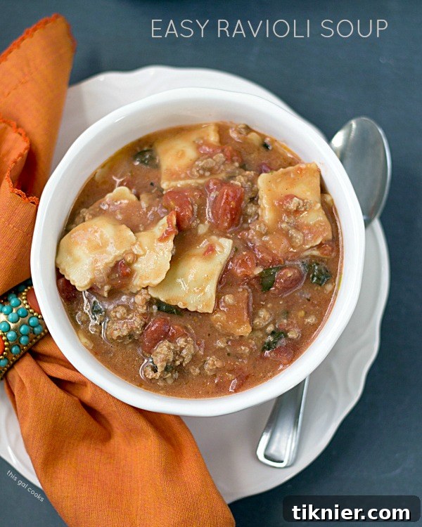 Hearty and Easy Ravioli Soup ready in 30 minutes, perfect for a quick weeknight dinner. Features cheese ravioli, ground turkey, and spinach.