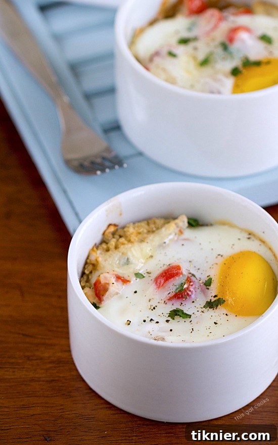 Zesty Baked Eggs with Quinoa and Garden Fresh Salsa 2 Baked Eggs with Quinoa and Fresh Salsa - A healthy breakfast option, packed with protein, veggies, and grains.