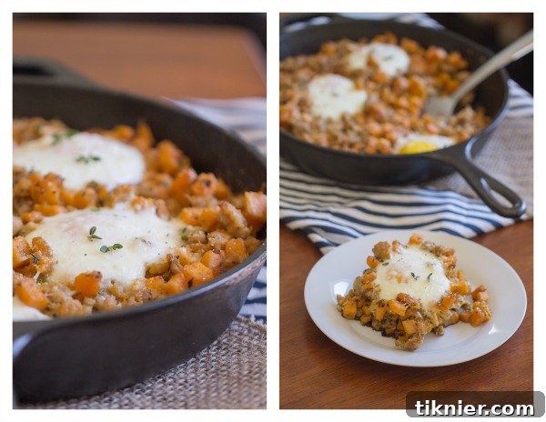 A close-up view of the Chicken Sausage and Sweet Potato Hash with Baked Eggs in a cast iron skillet, showcasing the golden-brown sweet potatoes, crumbled sausage, and a perfectly cooked sunny-side-up egg.