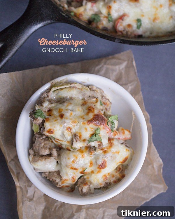Thirty Minute Philly Cheeseburger Gnocchi Bake: Quick and easy one pan skillet dinner