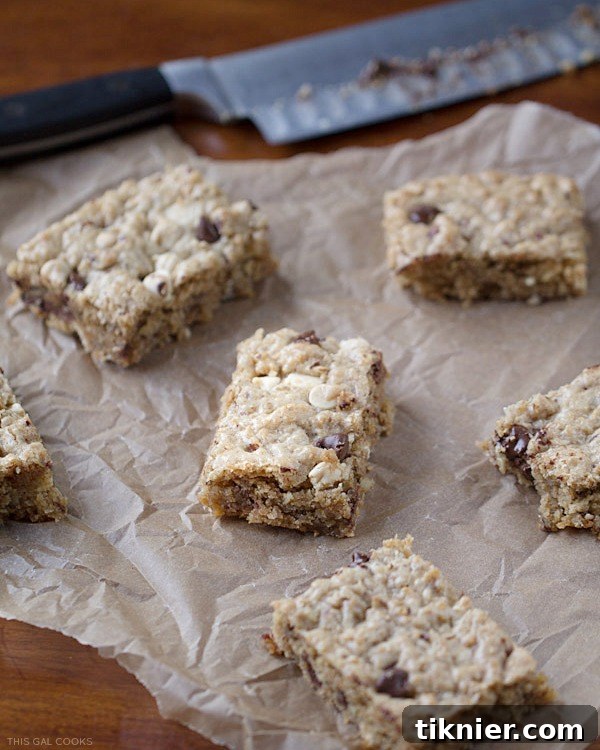 Overhead shot of freshly baked Congo Bars with chocolate chips melting in.