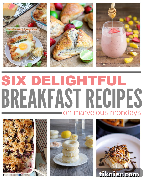 Breakfast Recipe Collage: Featuring Caramelized Onion Strata, Strawberry Scones, Mango Smoothie, Blueberry French Toast, Lemon Donuts, Samoa Sweet Rolls