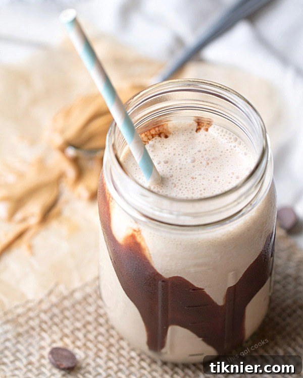 Creamy Chocolate Peanut Butter Banana Smoothie ready to be enjoyed