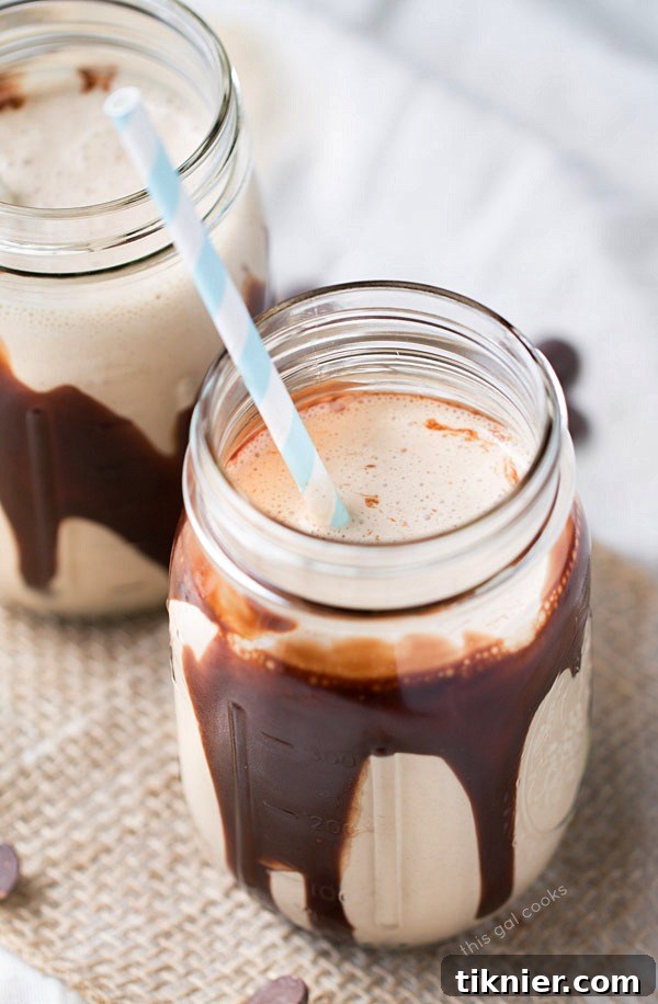 Another view of a delicious Chocolate Peanut Butter Banana Smoothie, highlighting its rich texture
