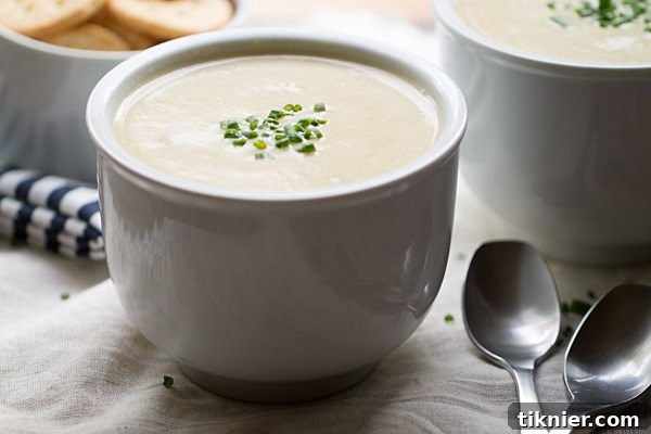 Close-up of Slow Cooker Potato Ham and Leek Soup with fresh chives and cheddar cheese