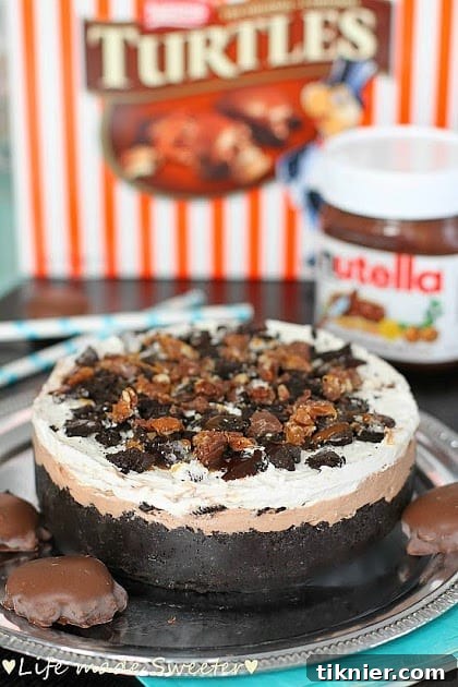 Decadent No-Bake Nutella Caramel Cheesecake Pie with rich layers.